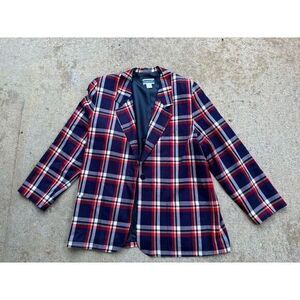VTG 70s PENDLETON 100% Wool Red Blue‎ White Tartan Plaid Blazer Jacket Large